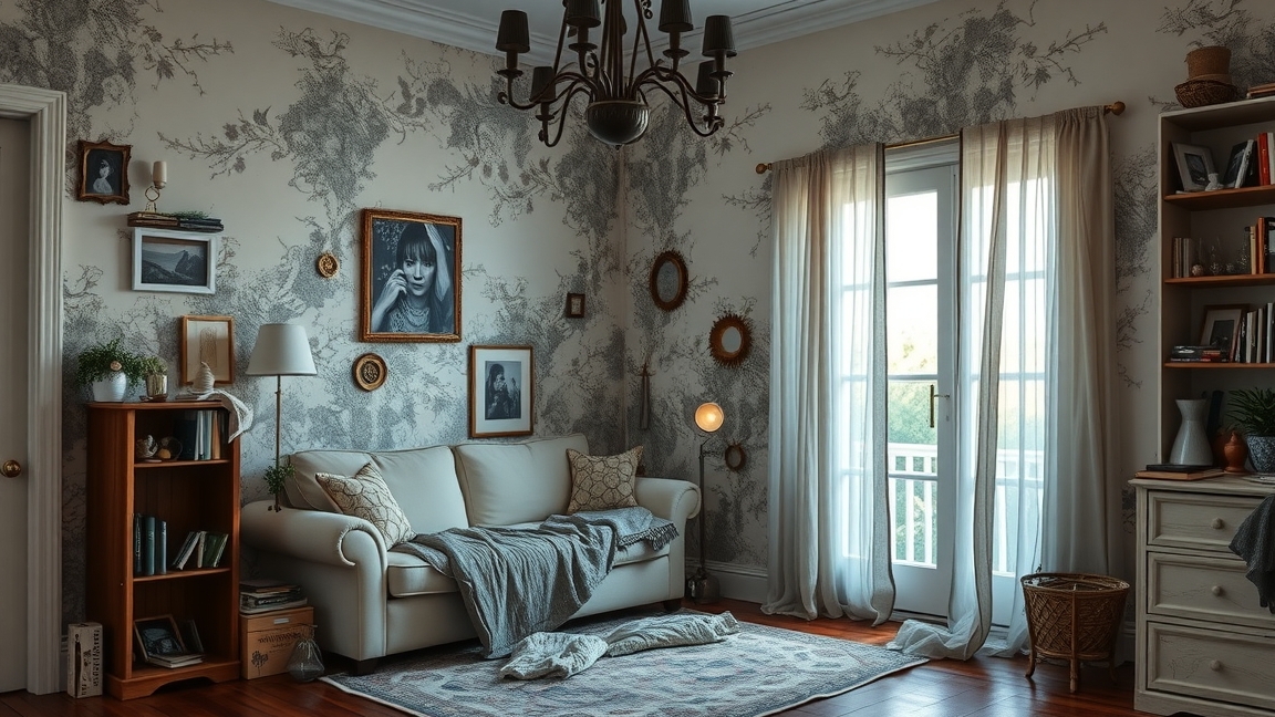 Szép, tágas nappali tele könyvekkel és képekkel, amely penészmentes környezetet mutat.