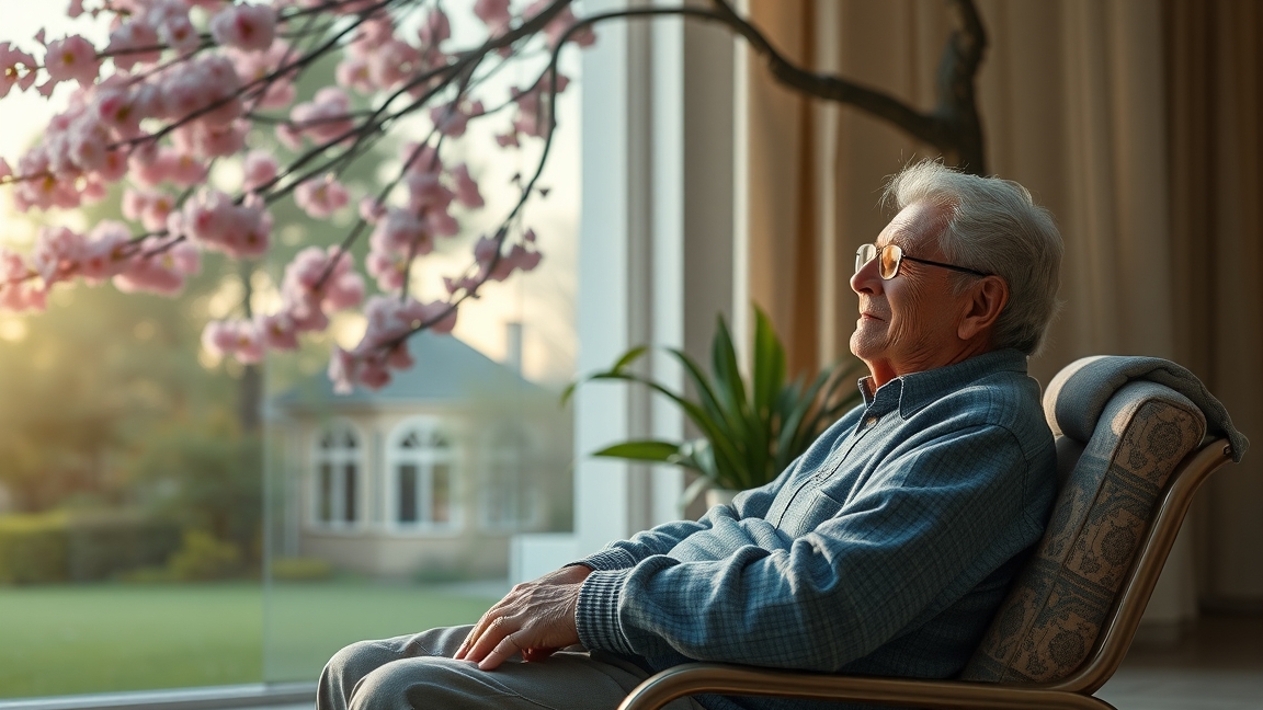 Idős férfi ül egy székben, virágzó fa előtt, naplementében.