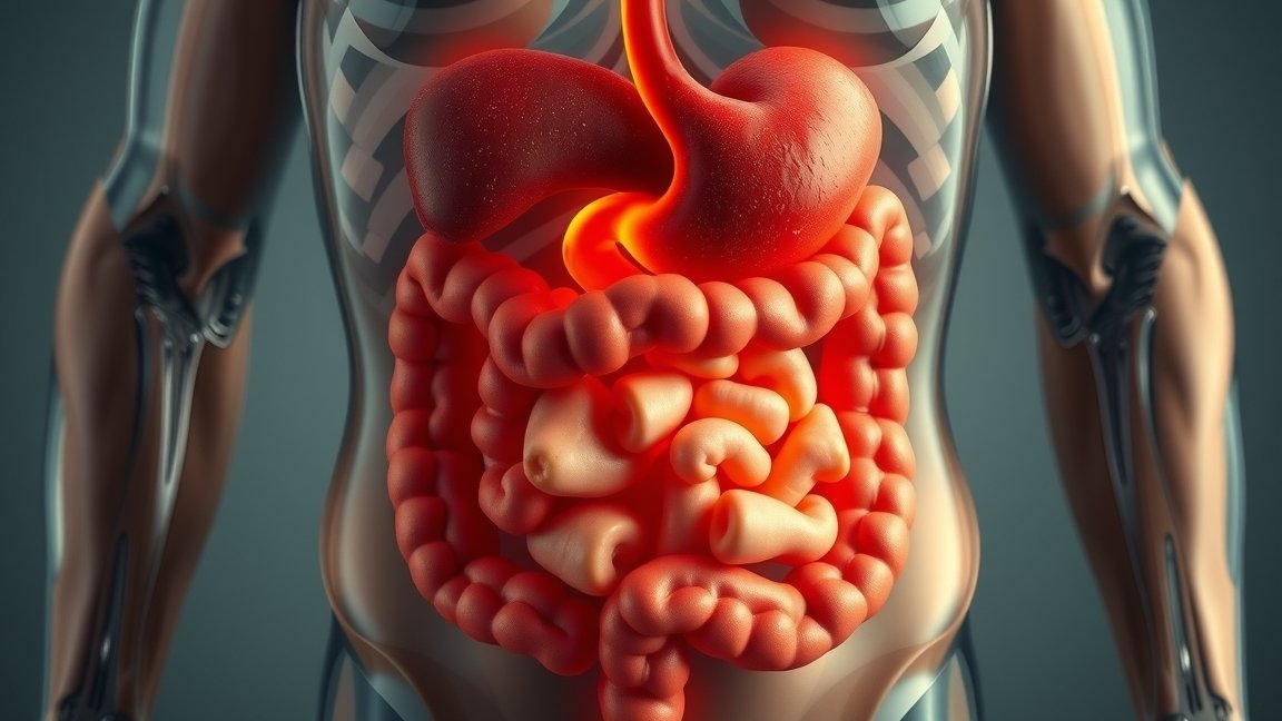 Emésztőrendszer illusztrációja, amely a RegEnor kúra mellékhatásait reprezentálja.