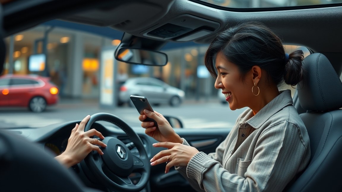 Nő a Renault autóban, mobiltelefonnal kezében, mosolyogva