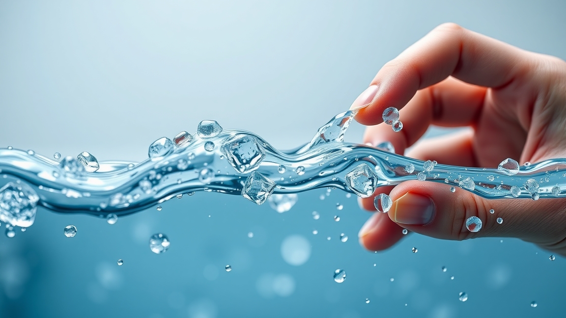 Kéz, amely vízcseppeket és buborékokat tart egy folyó vízáramban