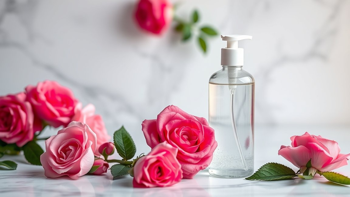 Rózsavíz és friss rózsák, természetes bőrápolás.