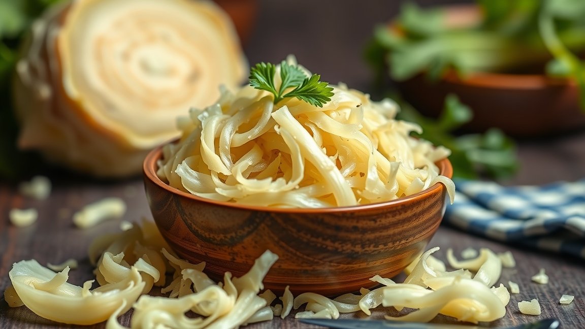 Friss savanyú káposzta, probiotikumokban gazdag étel tálban.