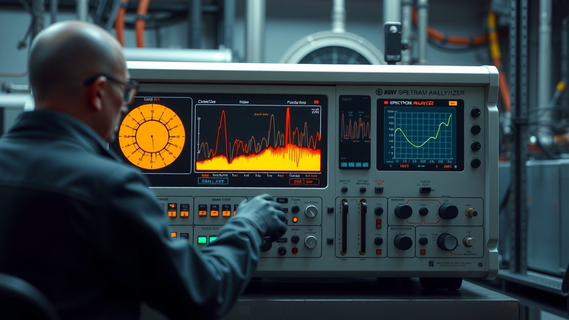 Spektrumanalizátor működés közben, frekvencia és jelösszetevők elemzése.