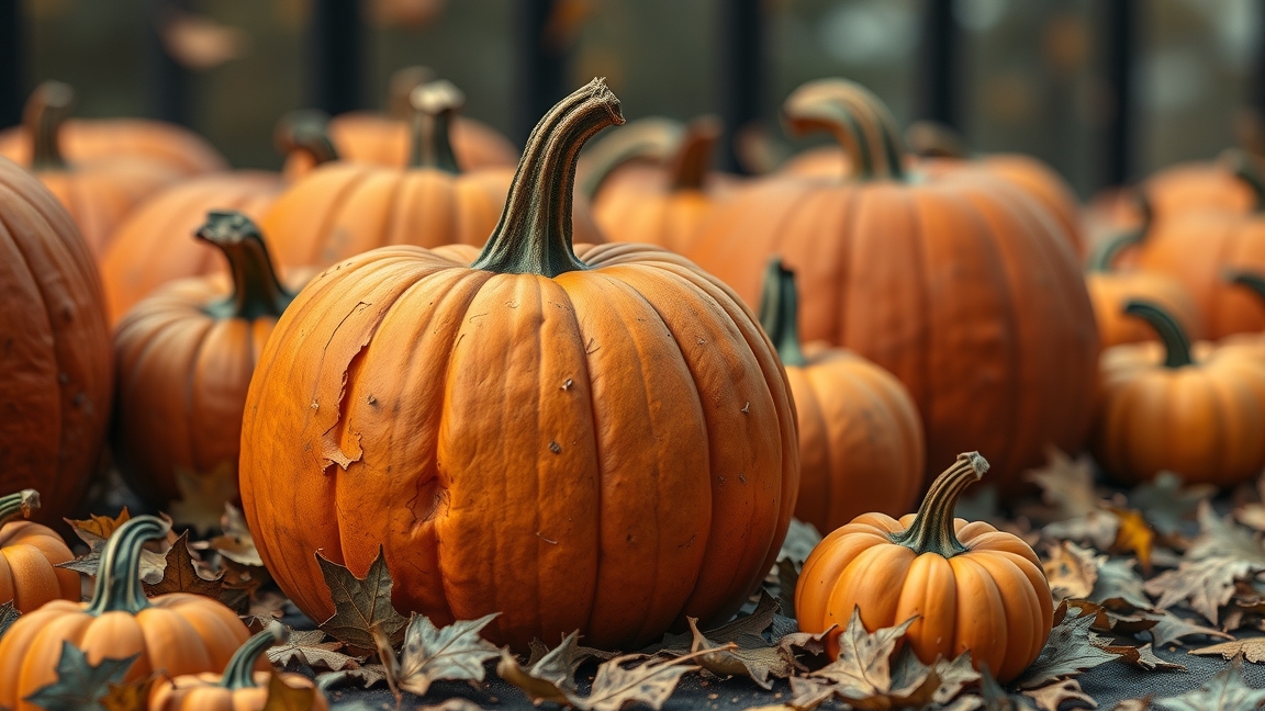 Sütőtökök egy őszi tájban, levelek között.