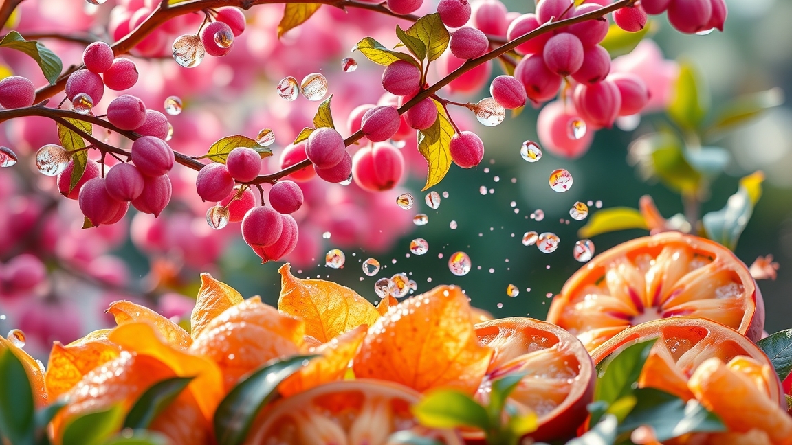 Szaponinokban gazdag növények és gyümölcsök vízcseppekkel.