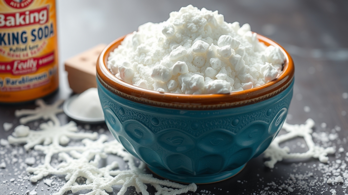 Egy tál szódabikarbóna asztalon, egészségügyi előnyökkel.