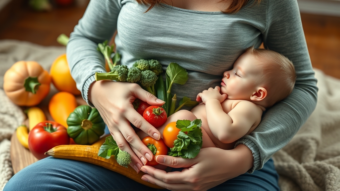 Egy anya karjaiban tartja a babáját és egészséges zöldségeket.