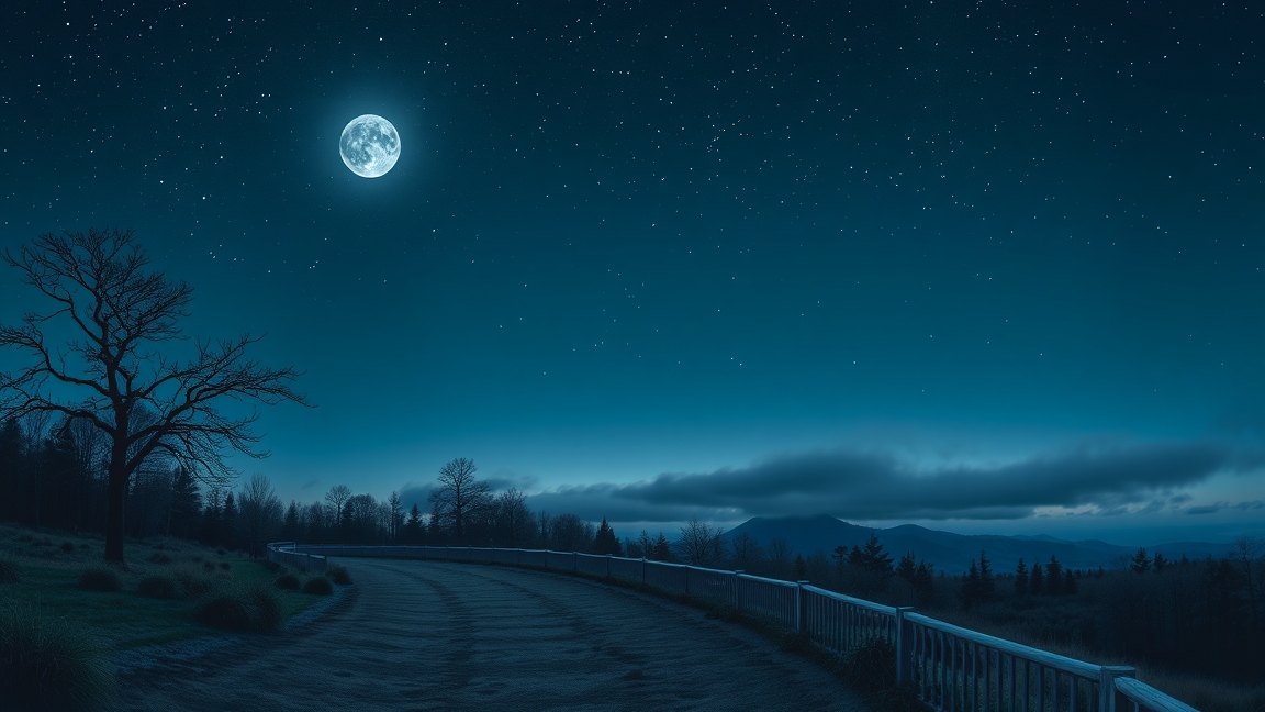 Nyugodt éjszakai táj, tele csillagokkal és teliholddal