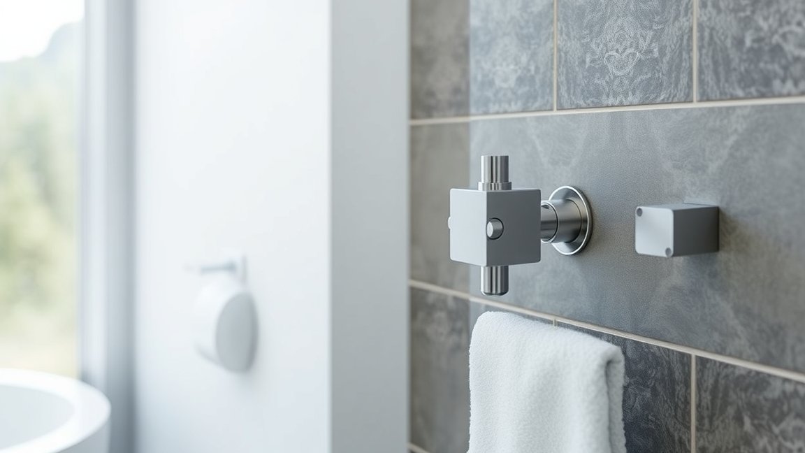 Törölközőszárító radiátor szelep elegáns fürdőszobai falon.