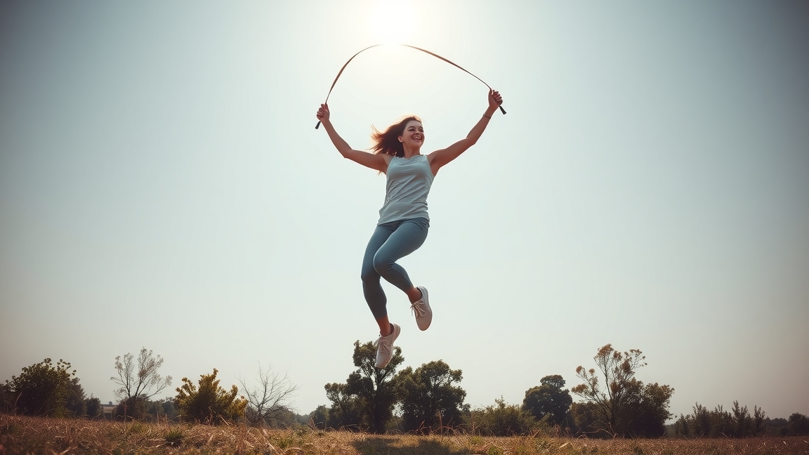 Egy fiatal nő ugrálókötéllel edz egy napfényes szabadban, boldogan.