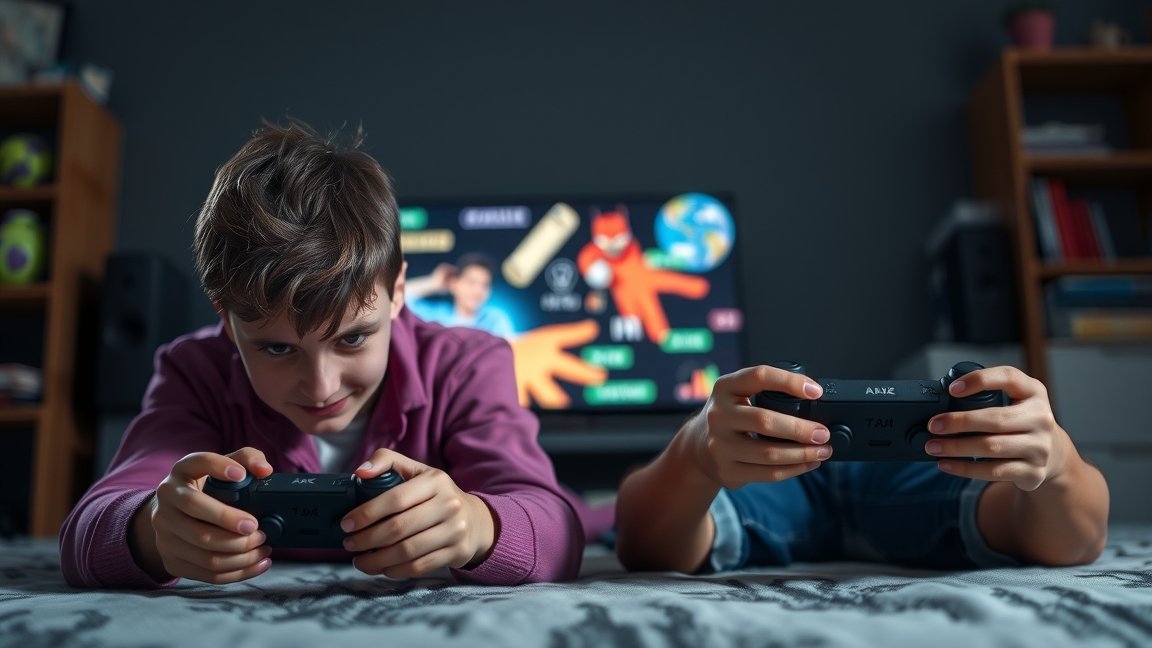 Két fiatal videojátékokat játszik otthon, a TV háttérben.