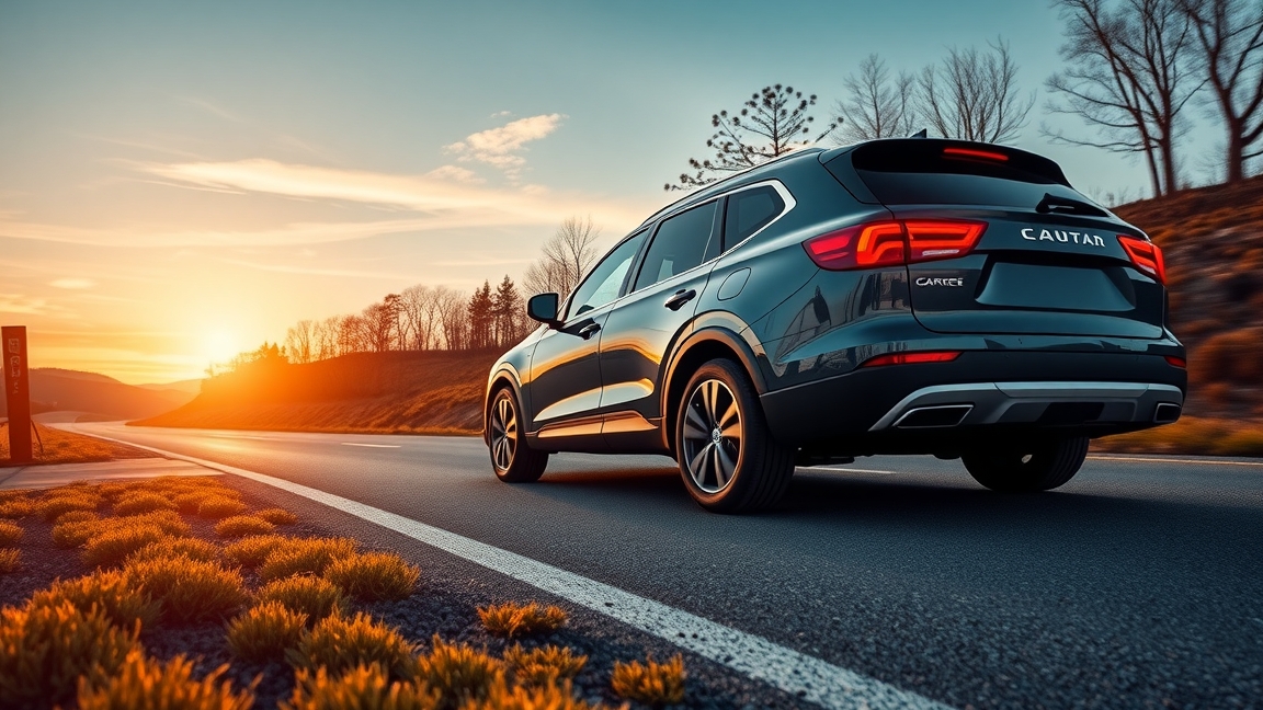 Modern autó visszagurulásgátlóval naplementében az úton.