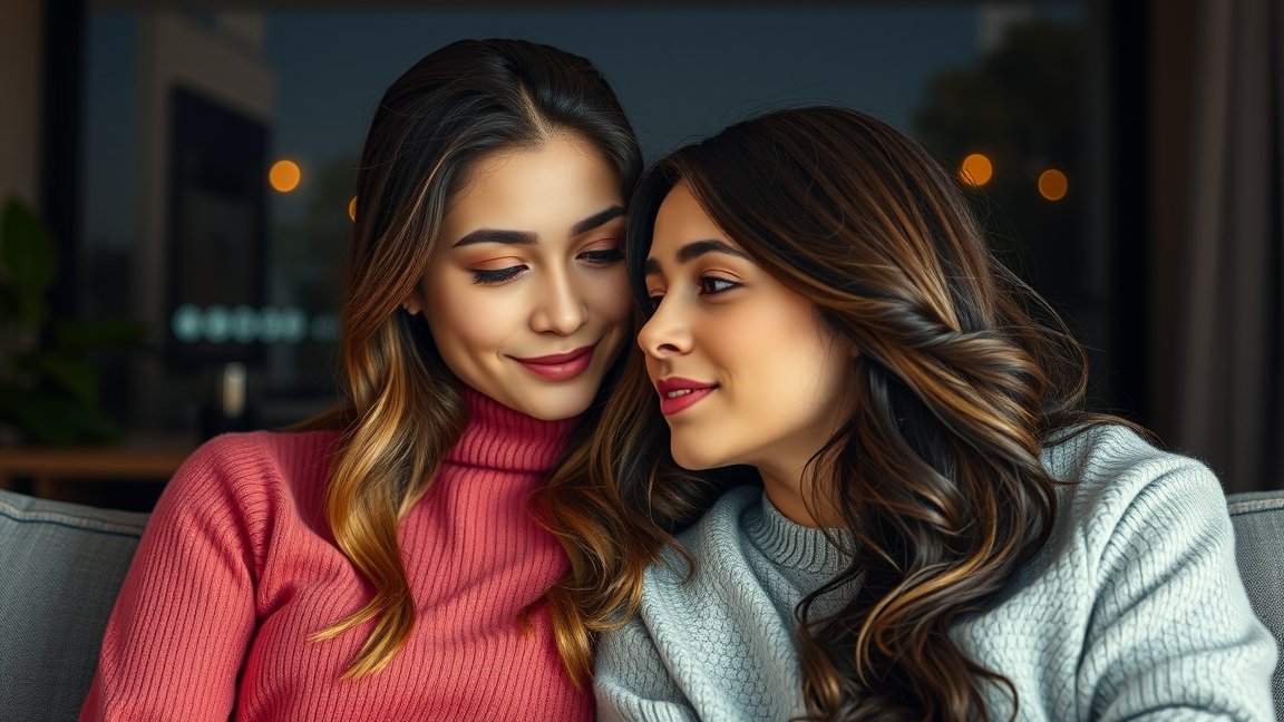 Két női barát egymásra mosolyogva ül egy kanapén.