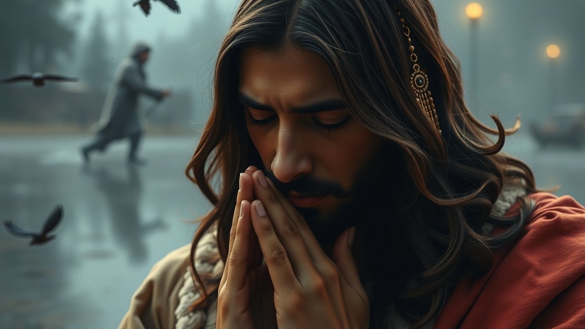 Egy fiatal férfi imádkozik, egy csöndes, spirituális környezetben.