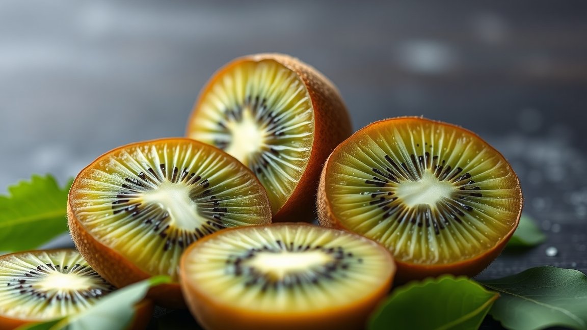 Frissen vágott kiwi gyümölcs szeletek levelekkel díszítve.