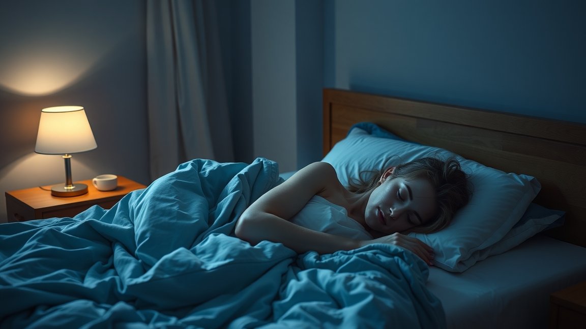 Fiatal nő nyugodtan alszik egy sötét szobában, melatonin pihenés közben.