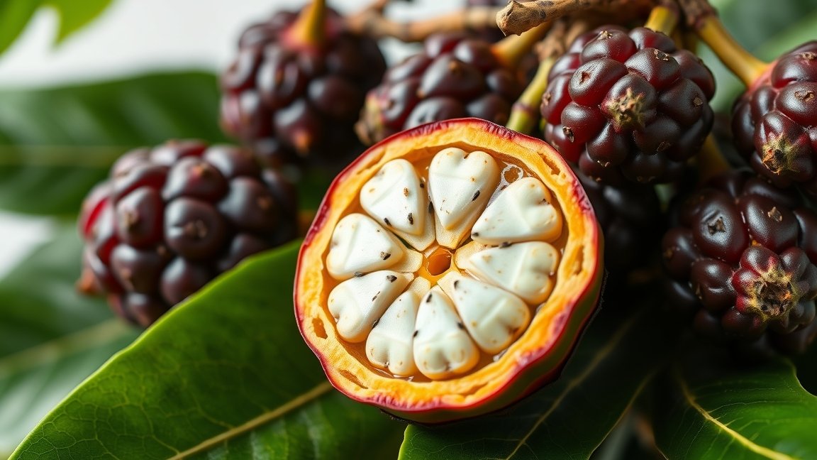 Félbevágott noni gyümölcs, antioxidáns és egészségügyi előnyökkel