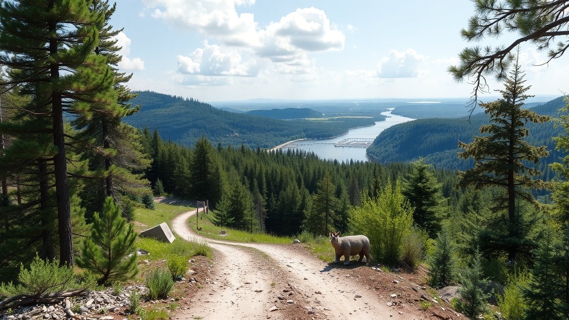 Gyönyörű tájkép egy nyeles telekkel és folyóval a háttérben.