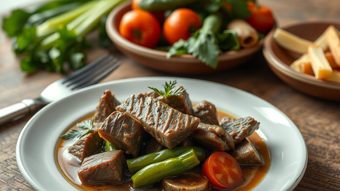 Tálalt pacal friss zöldségekkel és fűszerekkel