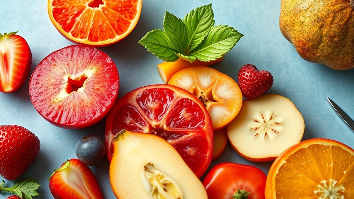 Friss gyümölcsök és zöldségek különböző fajtái, pektintartalmukkal.