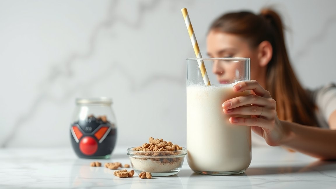 Nő protein shake-t iszik, mellette tálban reggeli ropogós müzli