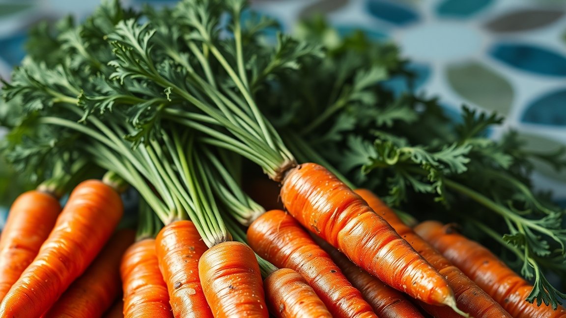 Friss sárgarépák zöld levélzettel, egészséges táplálkozáshez.