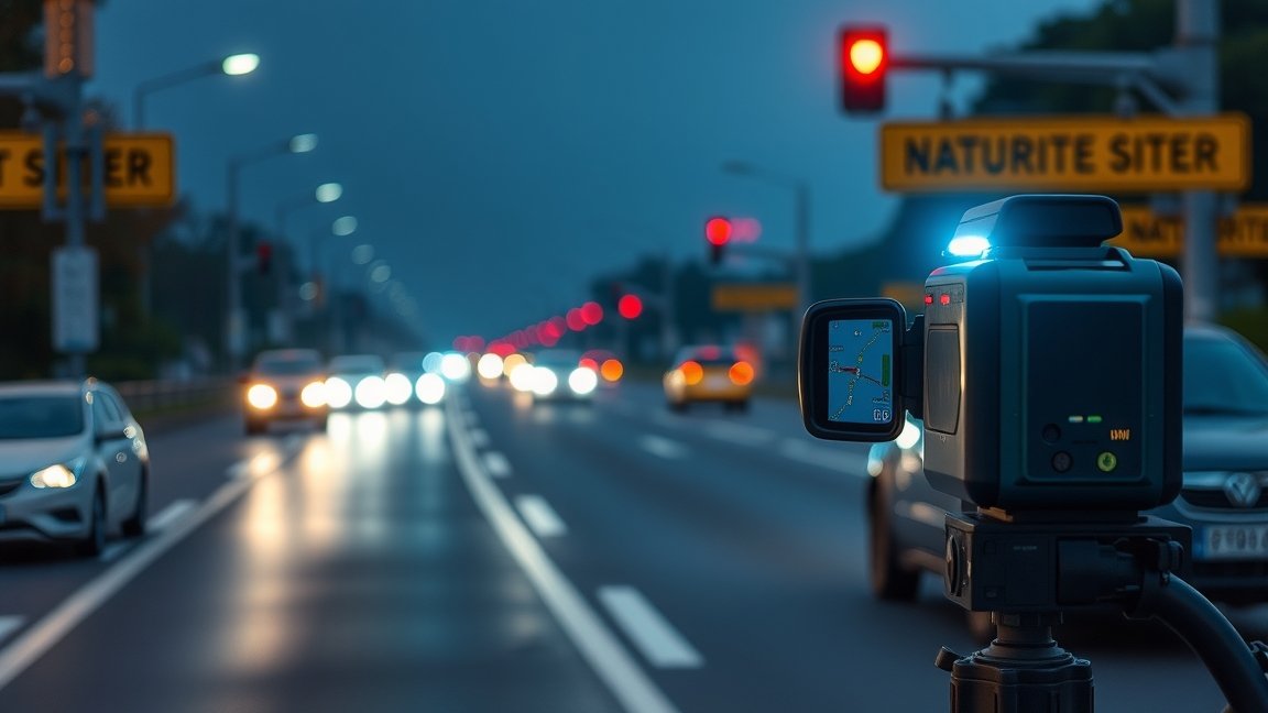 Lézeres sebességmérő készülék közúton éjszaka, piros lámpákkal