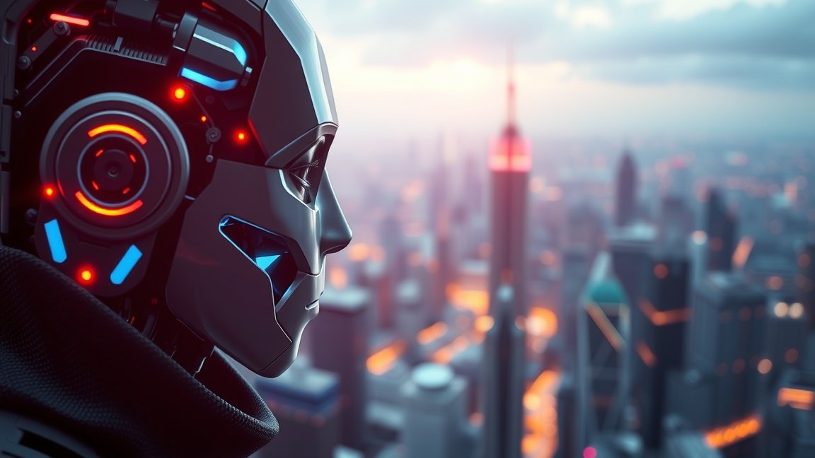 Futuristic robot head with city skyline in the background