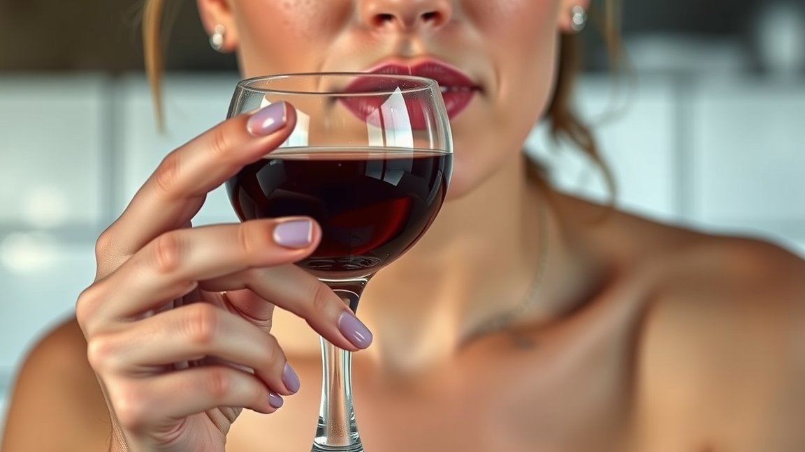 Nő vörösborral, az alkohol bőrre gyakorolt hatásait ábrázoló kép.