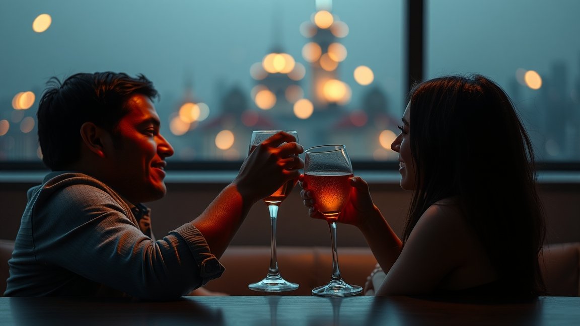 Pár egy ital társaságában, ami tükrözi az alkoholfogyasztás hatásait.