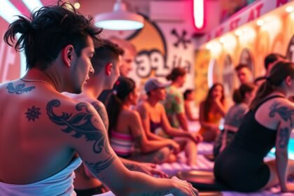 Fiatalok tetoválással a szoláriumban, barnulás előtt