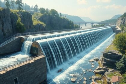 Hallépcső folyón örvénylő víz alatt, halak vándorlásának segítésére.