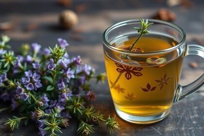 Friss kakukkfű tea virágokkal egy üvegpohárban.