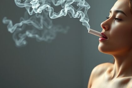 Dohányzó nő, aki cigarettát szív, látható füsttel.