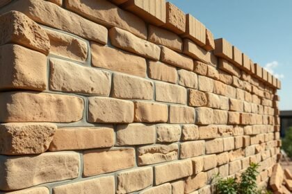 Mészhomok tégla fal részlete egy építkezés során.