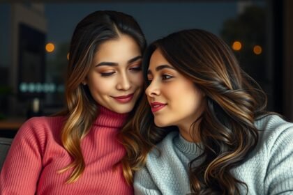 Két női barát egymásra mosolyogva ül egy kanapén.