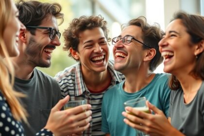 Vidám barátok nevetnek és élvezik az együtt töltött időt.