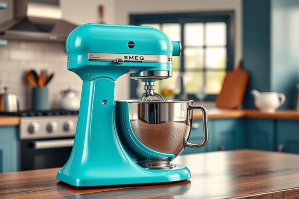 Smeg konyhai robotgép retro stílusban, fényes fém tálban