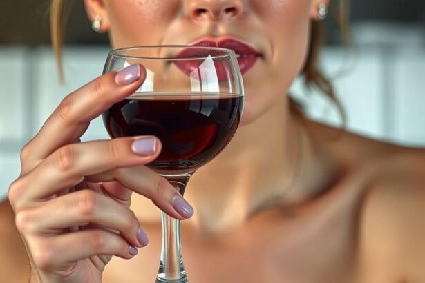 Nő vörösborral, az alkohol bőrre gyakorolt hatásait ábrázoló kép.