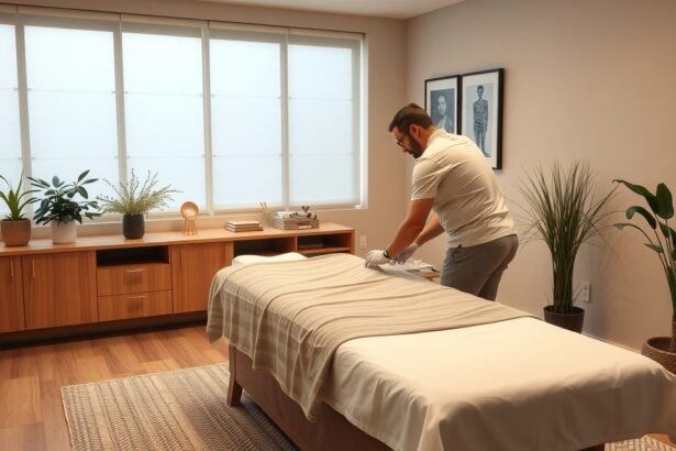 Csontkovács kezelés előkészítése egy modern terapeutikus teremben.