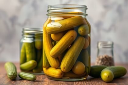 Kovászos uborka üvegekben, gazdag probiotikumokban.