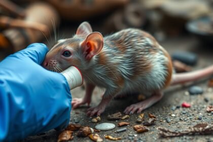 Patkány etetése laboratóriumi környezetben, műanyag cső segítségével.