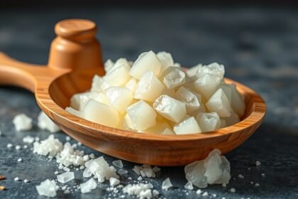 Lanolin kristályok egy fából készült tálban, természetes bőrápolás.