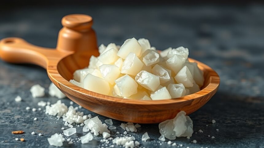 Lanolin kristályok egy fából készült tálban, természetes bőrápolás.