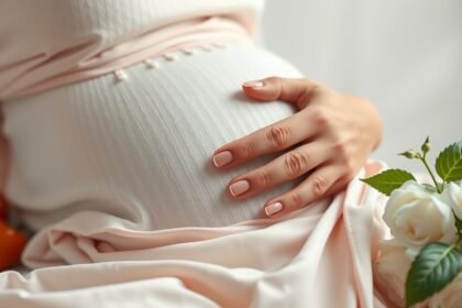 Várandós nő keze a terhes hasán, rózsákkal és zöldségekkel