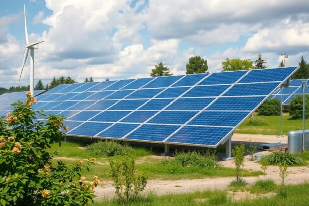 Napenergia panelek egy napon, szélkerekekkel és zöld környezettel.