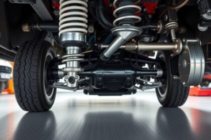 Autó felfüggesztésének részlete, lengőkar és rugók láthatók.