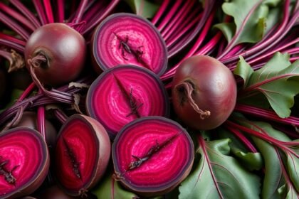 Friss bio céklák és zöld leveleik, egészséges táplálkozás.