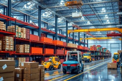 Modern raktár logisztikai folyamatokkal és szállítmányozási járművekkel